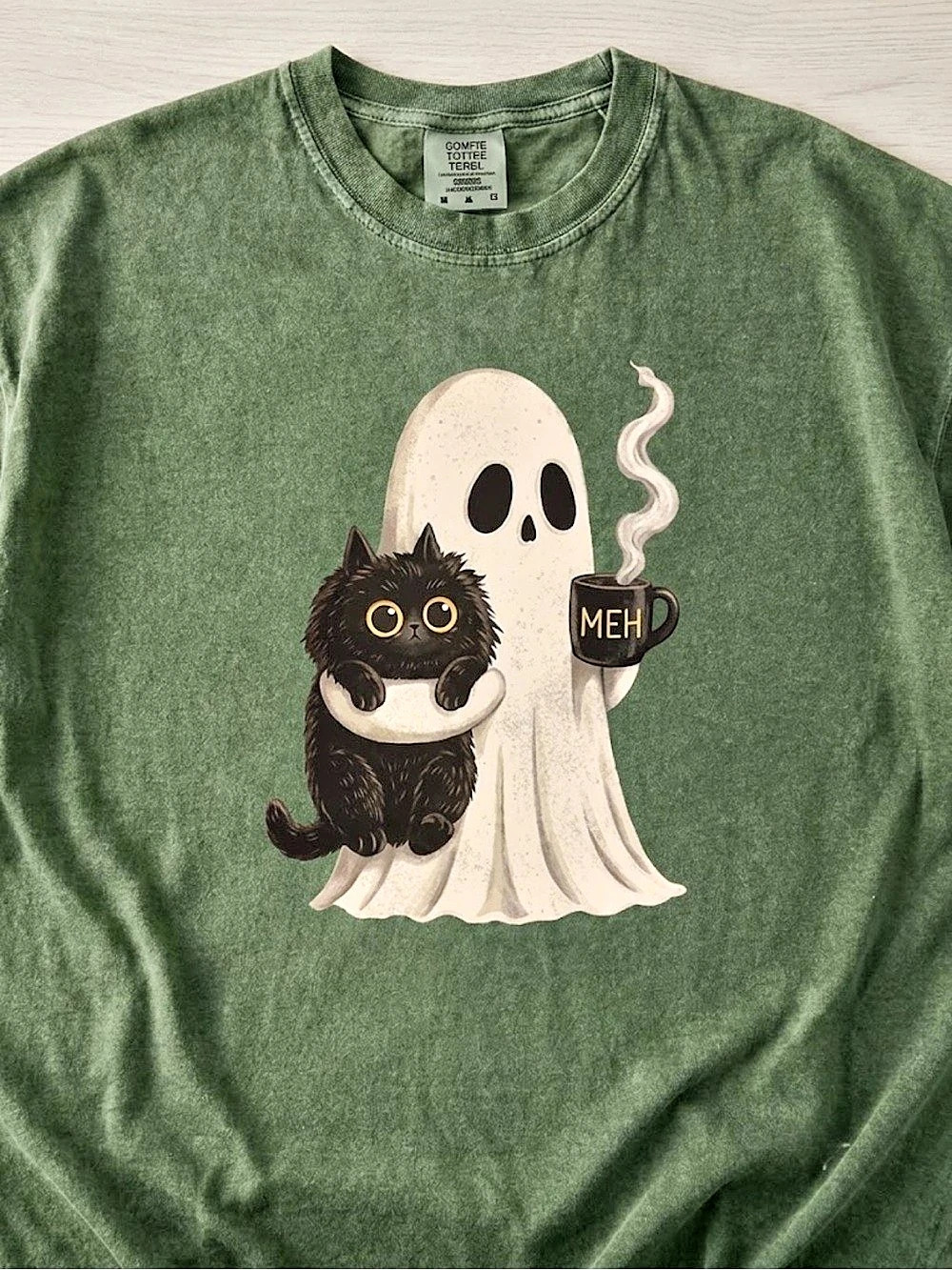 Comfort Colors Ghost Cat Coffee Graphic Tee - Moss color - Picture 2 of 2